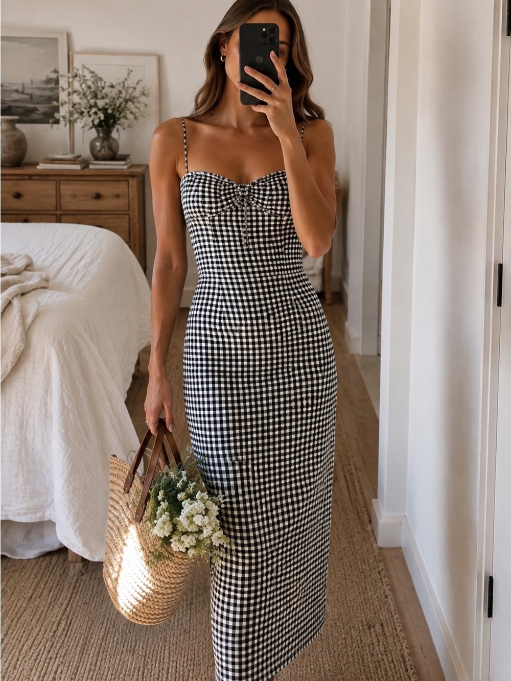 Zara Black and White Gingham Midi Dress